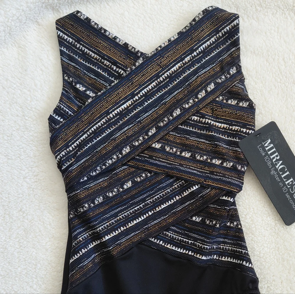 Miraclesuit Slimming One Piece Size 8 Black Multi Criss Cross Tummy Control Flat - Picture 7 of 8